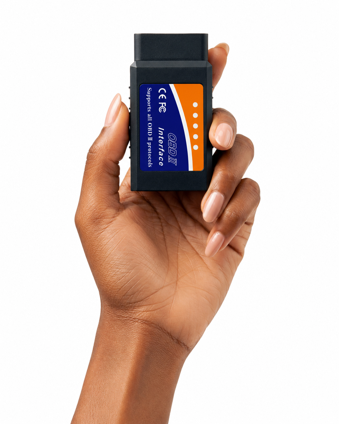 The LJPXHHU adapter held in a hand, its blue and orange OBD II Interface label facing the camera.