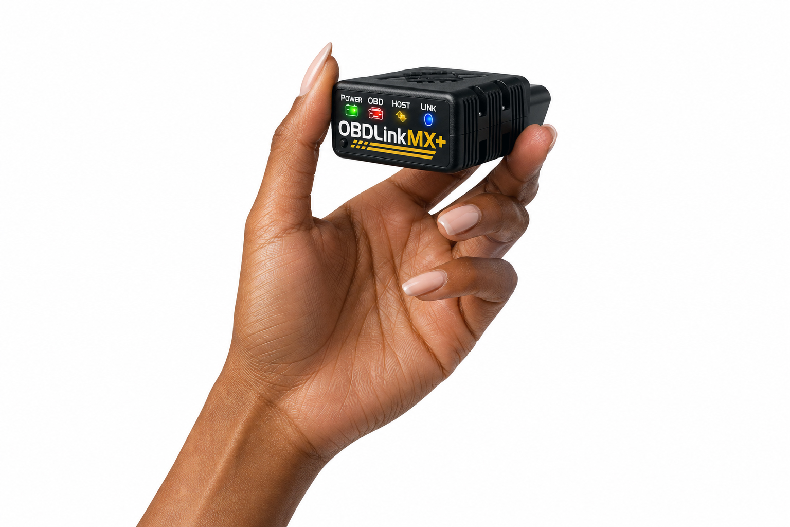 The OBDLink MX+ adapter held between finger and thumb, its four status lights facing the camera.